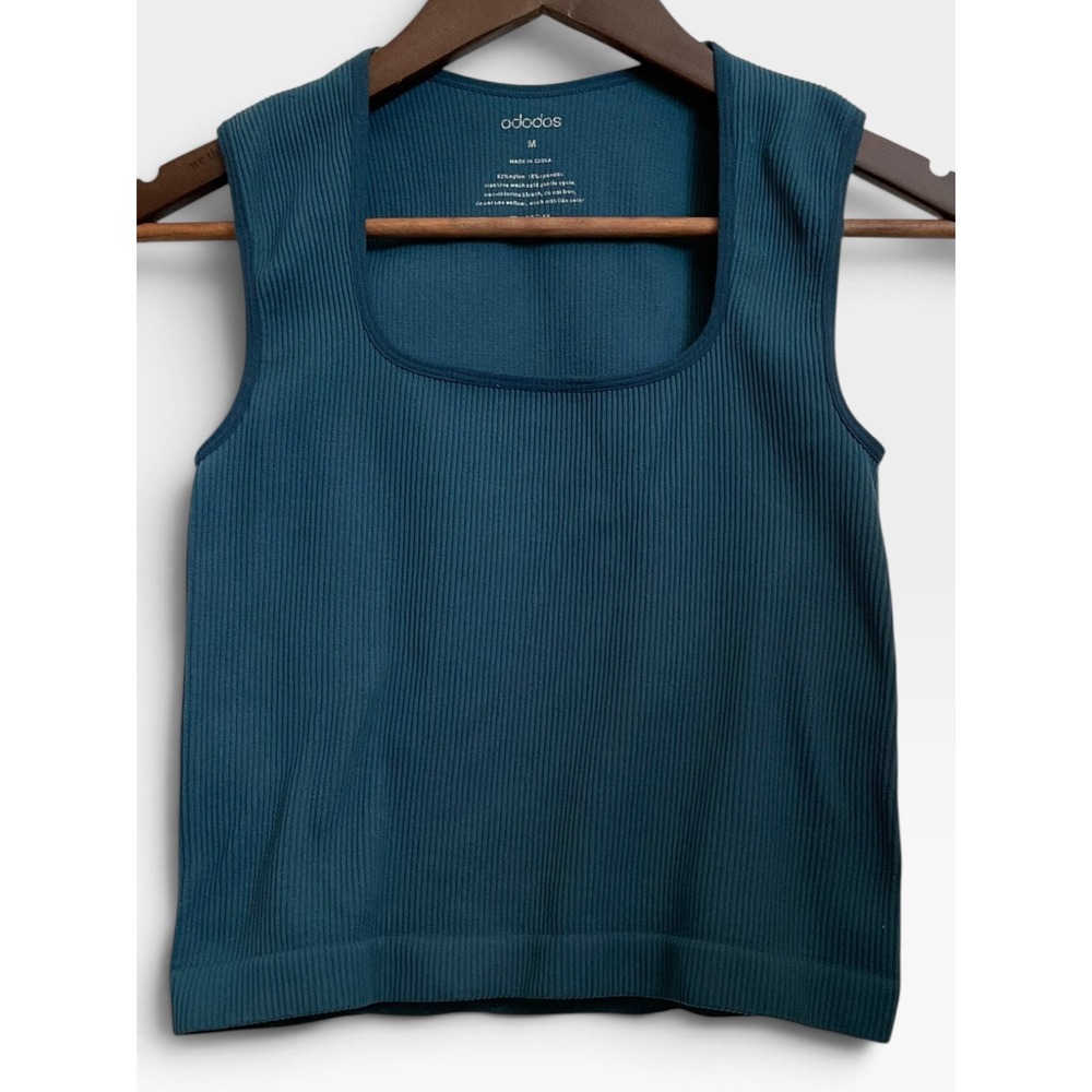 Ododos Seamless Ribbed Tank | Workout Crop Top | M | Teal Blue | Square Neck